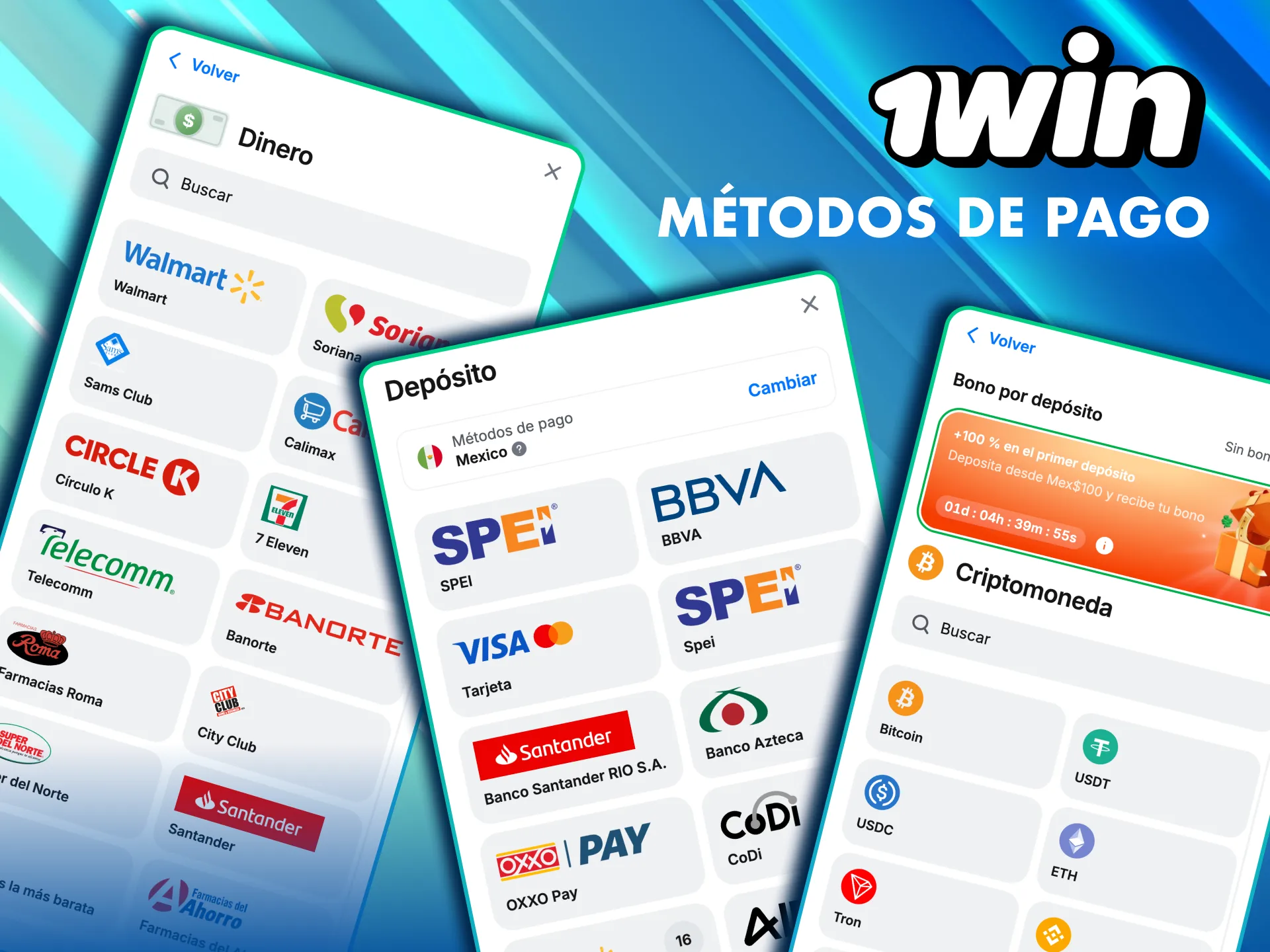 1Win México acepta pagos con tarjetas, SPEI, Oxxo, billeteras electrónicas y criptomonedas.