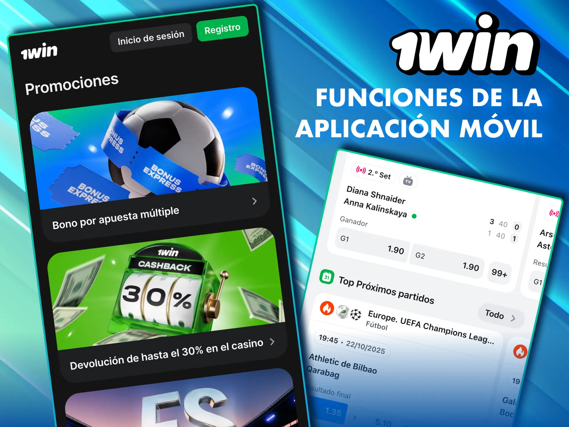 Funciones clave de la app móvil 1Win para apuestas y casino.