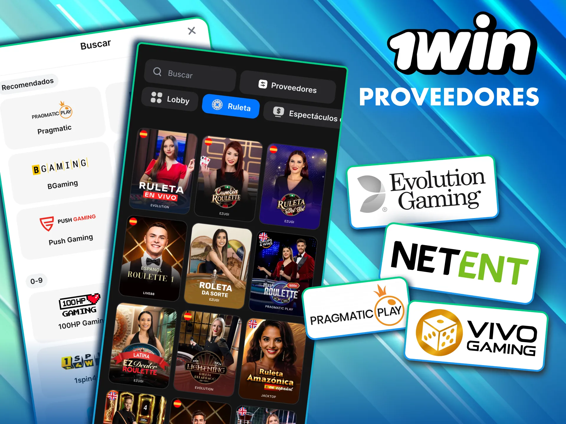 Juegos en vivo en 1Win México con software de Evolution, Pragmatic y NetEnt.